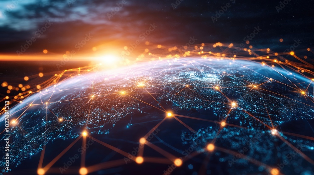 Poster modern global network visualization with a 3d earth and glowing lines representing seamless data con