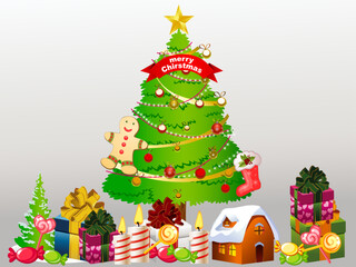 Decorated christmas tree with gift boxes, star, lights, decoration balls and lamps. Merry Christmas and a happy new year. Flat style vector illustration.