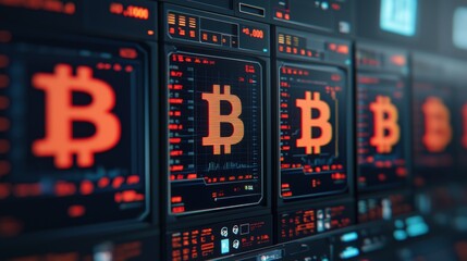 Fototapeta premium Bitcoin mining equipment in a digital setup