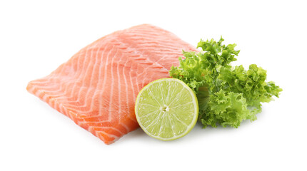 Piece of fresh salmon, lime and lettuce isolated on white