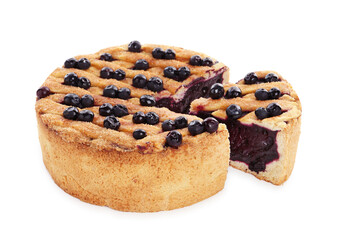 Cut homemade blueberry pie isolated on white