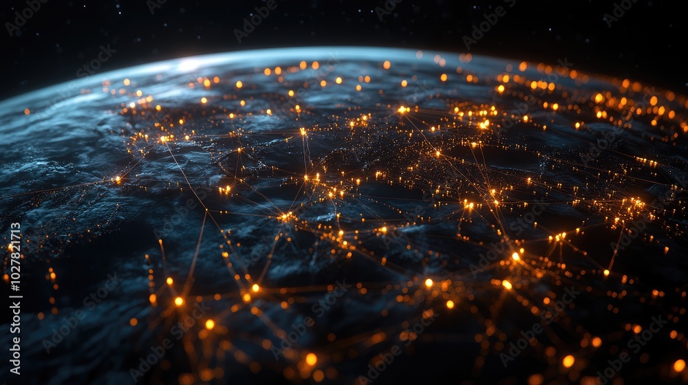 Poster modern global network with illuminated lines and nodes, creating a detailed map of interconnected re