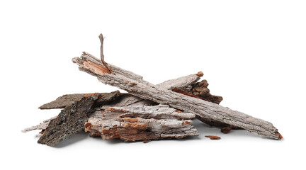 Heap of tree bark pieces isolated on white