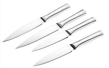 Obraz premium Set of stainless steel knives with polished blades, isolated on a white background, designed for precision and elegance in the kitchen