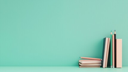 Books and pencils on a turquoise background