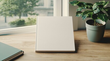 Blank notebook on wooden desk with plant.
