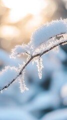 Obraz premium Frost-covered branch with delicate snow crystals glowing in soft sunlight. Perfect winter nature for seasonal backgrounds