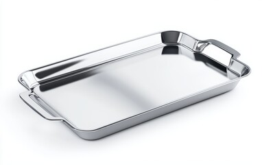 Shiny rectangular stainless steel tray with ergonomic handles, isolated on white, ideal for modern kitchens or professional settings