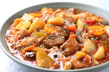 Delicious stew with vegetables in bowl on table, closeup