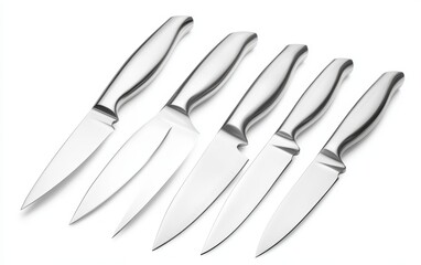 Obraz premium Sleek and modern stainless steel kitchen knife set, isolated on white background, featuring a professional and elegant design