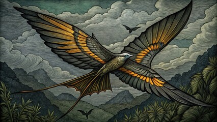 Naklejka premium A stylized bird with yellow and black wings soars through the clouds, its long tail trailing behind.