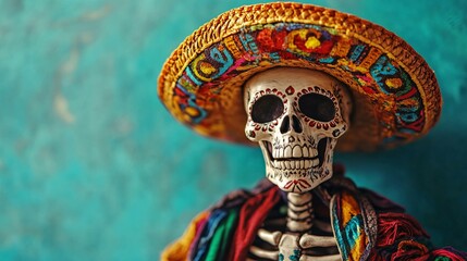 Vibrant Mexican Day of the Dead Skeleton with Colorful Sombrero Against Turquoise Background