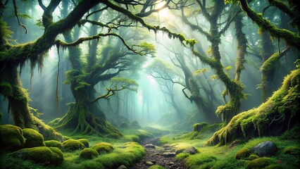 Fototapeta premium Ethereal forest landscape with mossy branches and misty atmosphere