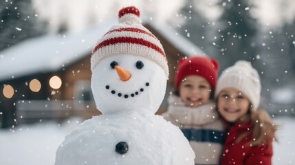 Fototapeta premium Children with snowman in winter wonderland
