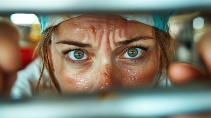 A chef intensely focusing through the bars of a kitchen grill, capturing concentration and determination in culinary preparation amidst a busy kitchen scene.