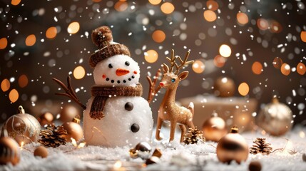 Christmas scene with snowman and reindeer