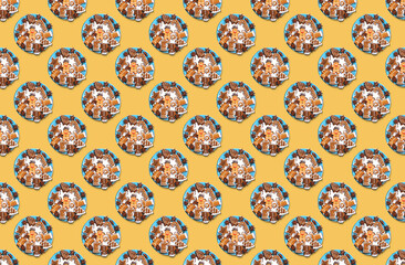Pattern of christmas cookies on yellow pastel background