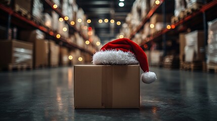 Festive Holiday Package with Santa Hat in Warehouse Aisle Illuminated by Warm Lights