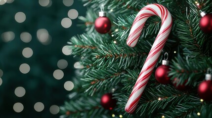 Colorful candy cane hanging on a Christmas tree with festive decorations.