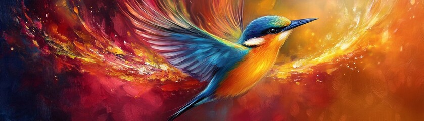 Obraz premium Vibrant Colorful Bird in Flight with Dynamic Abstract Background and Bright Feathers