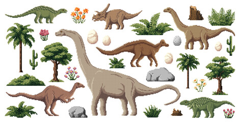 8 bit pixel art prehistoric dinosaurs for game assets, vector lizards and dino eggs. Jurassic park or prehistoric video game assets of pixel dinosaurs T-rex tyrannosaurus, triceraptors or brontosaurus