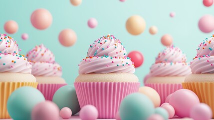 Colorful cupcakes with pink frosting on a pastel background with floating balls.