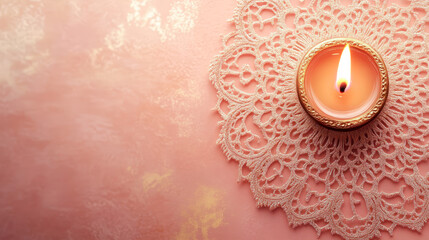 Diwali celebration greeting card background with illuminated tea light candle prosperity good luck wealth fortune festival of lights hindu puja indian holiday tradition copy space pink gold design