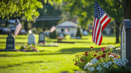 American flags adorning peaceful cemetery graves on a sunny day