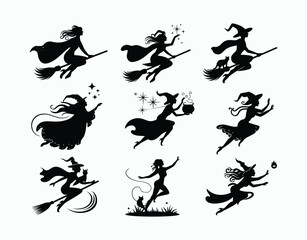 Exciting Witch Collection in Dive Silhouette Vector Template