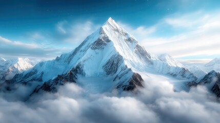 A snow-capped mountain peak emerges through the tranquil clouds, immersed in a serene sky, symbolizing purity, peace, and the grandeur of nature.