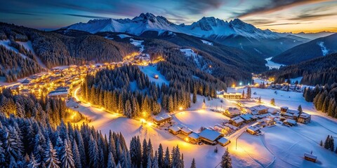 Illuminated Ski Resort of Madonna di Campiglio in the Morning I Bird s Eye View, nature, holiday, scenery, mountains, snow, aerial view, outdoor, morning, tranquility, recreational activity