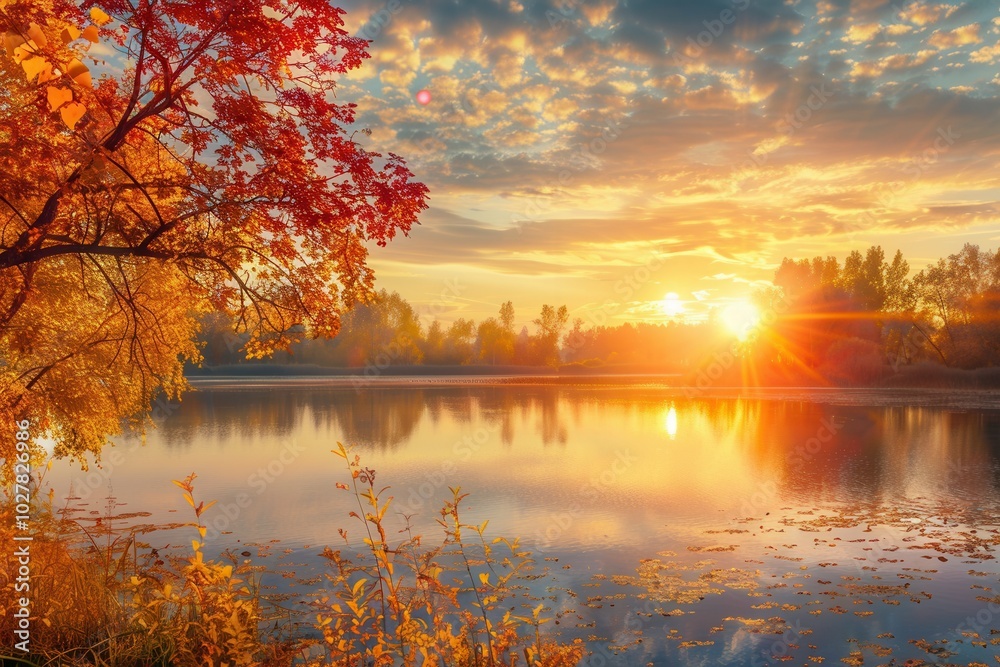 Canvas Prints A stunning autumn sunset paints the sky with vibrant colors while the tranquil water reflects the beauty of the moment. Generative AI