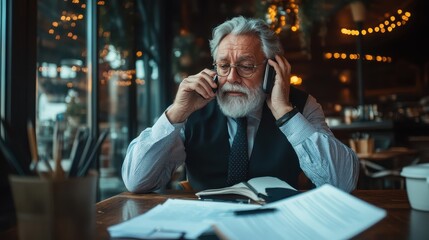 A senior man with a white beard, wearing glasses and business attire, is having a phone conversation while sitting in a cozy cafe environment with papers spread out.