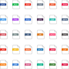 List of Document File Types and Extensions. Set of pdf, doc, jpg, xls, zip. Graphic templates for ui. Common Types of File Formats. Web file labels icon set. Vector illustration.