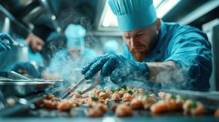 A chef in a blue uniform is closely focused on preparing a gourmet dish, exuding professionalism and culinary skill amidst a steaming kitchen environment.