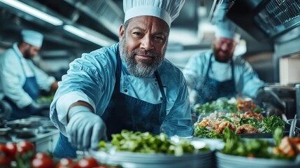 An experienced chef meticulously crafting a fresh salad in a modern, commercial kitchen, highlighting the art of culinary expertise and the beauty of fresh ingredients.