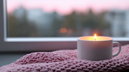 Cozy candle in cup on pink blanket near window, soft evening light.