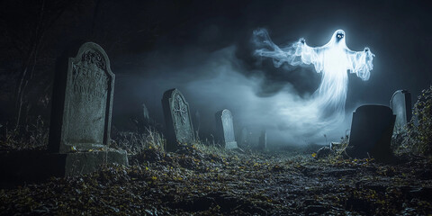 Haunted cemetery with glowing green ghosts rising from tombstones in a foggy, eerie night scene. Ideal for Halloween, spooky content, and supernatural or paranormal themes