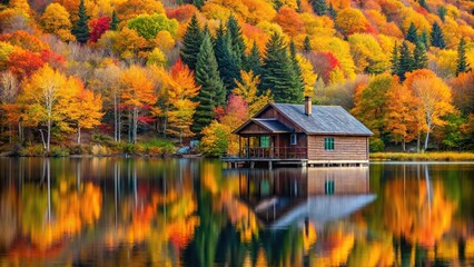Obraz premium Extreme close-up of cabin on mountain lake surrounded by vibrant fall foliage