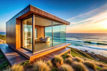 Extreme close-up of calm ocean waves hitting geometric oceanfront retreat