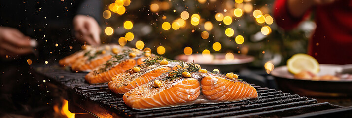 Grilled salmon with herbs and citrus on festive occasion with bokeh lights