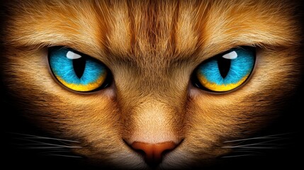 Close-up of a cat's face featuring striking blue and orange eyes.