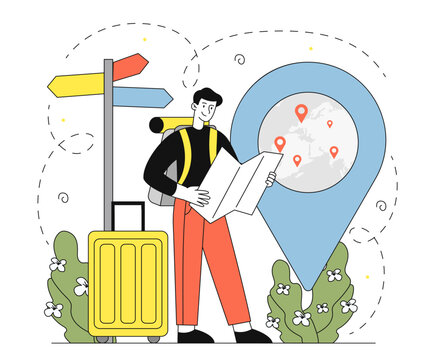 traveler with map and suitcase, direction sign clip art preview