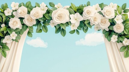 Obraz premium Elegant floral arch featuring white roses and greenery against a sky backdrop, perfect for weddings and romantic events.