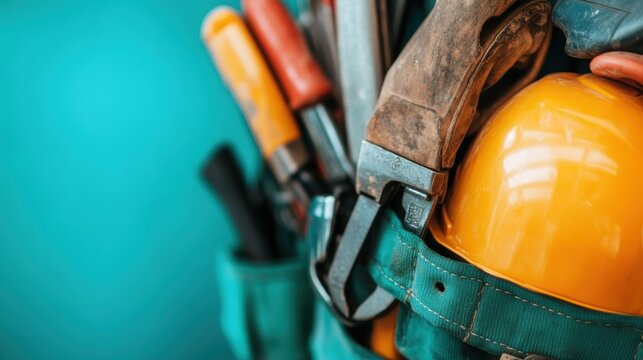 A vibrant tool belt filled with essential construction gear including a hard hat and wrenches, symbolizing readiness and efficiency on a bright blue background.