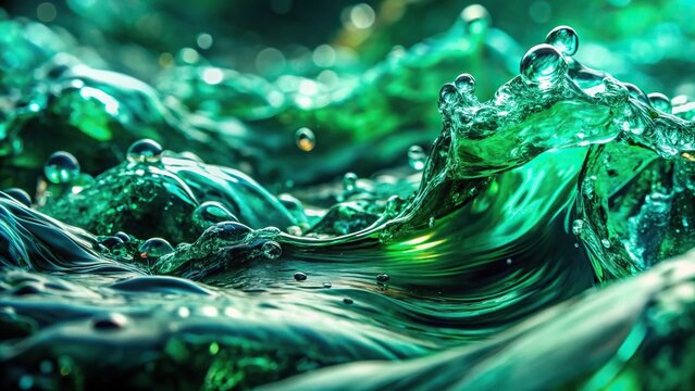 Extreme close-up of emerald flowing water in a graceful display of fluid dynamics