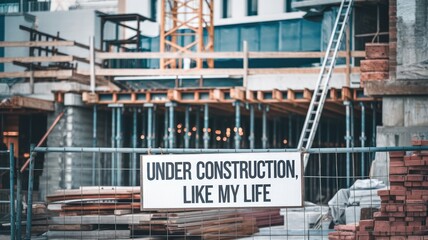 Fototapeta premium Construction site with a humorous sign about life under construction.