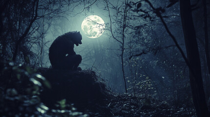 Realistic werewolf transformation under the full moon in a dark, eerie forest. Ideal for Halloween, supernatural themes, or werewolf fantasy content.