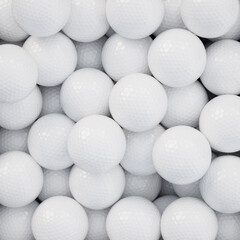 Full frame image of unmarked white golf balls in a container. Top down view