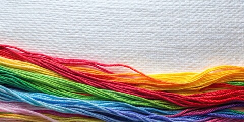 Extreme close-up of multi colored thread cloth raw material on white cotton background